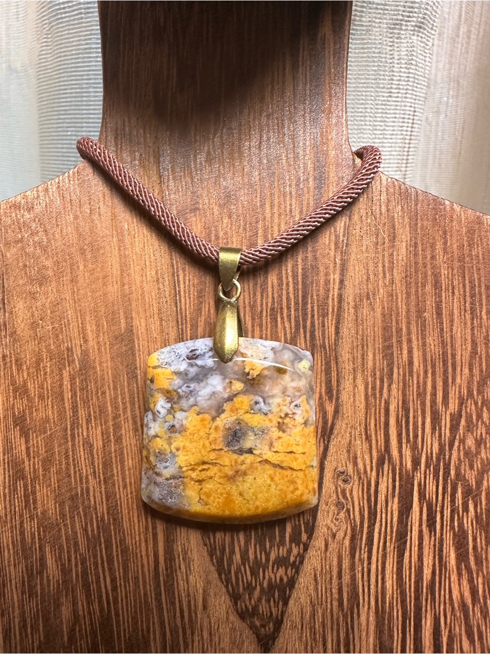 Unique Square Yellow Jasper Pendant Necklace on Brown Rope